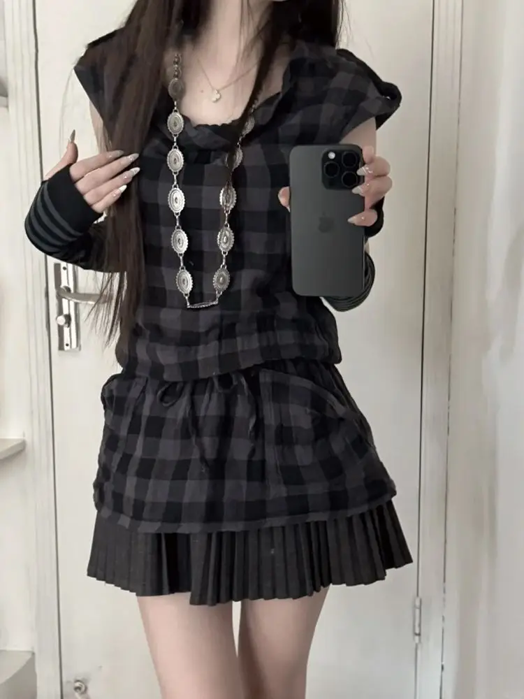 

Womens Two Peice Sets Summer New Advanced High-end Temperature Designed Niche Sweet Hot Girl Style Plaid Top and Short Skirt