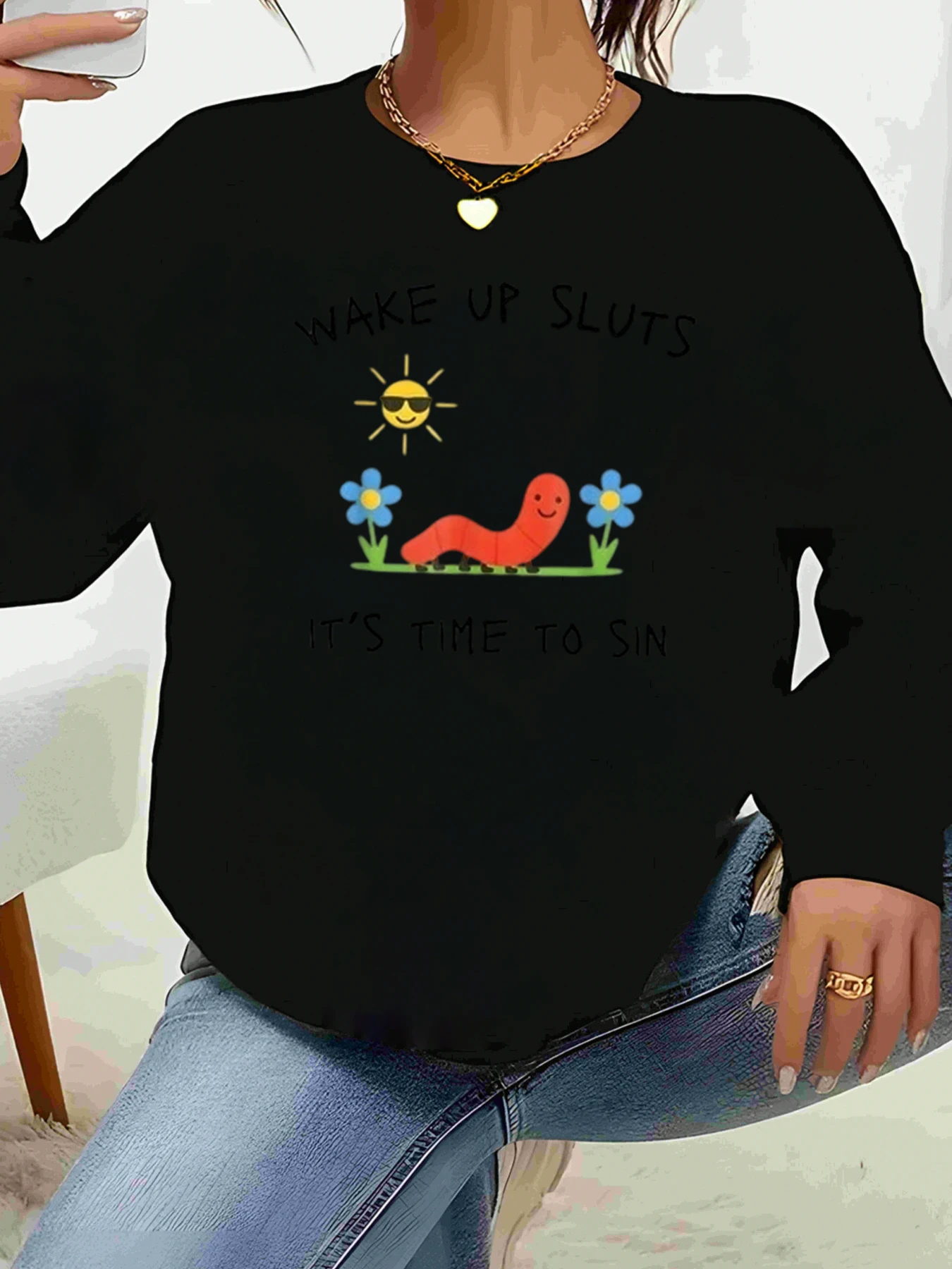

Wake up Sluts It's Time to Sin Футболка с длинными рукавами и принтом Повседневная повседневная женская одежда