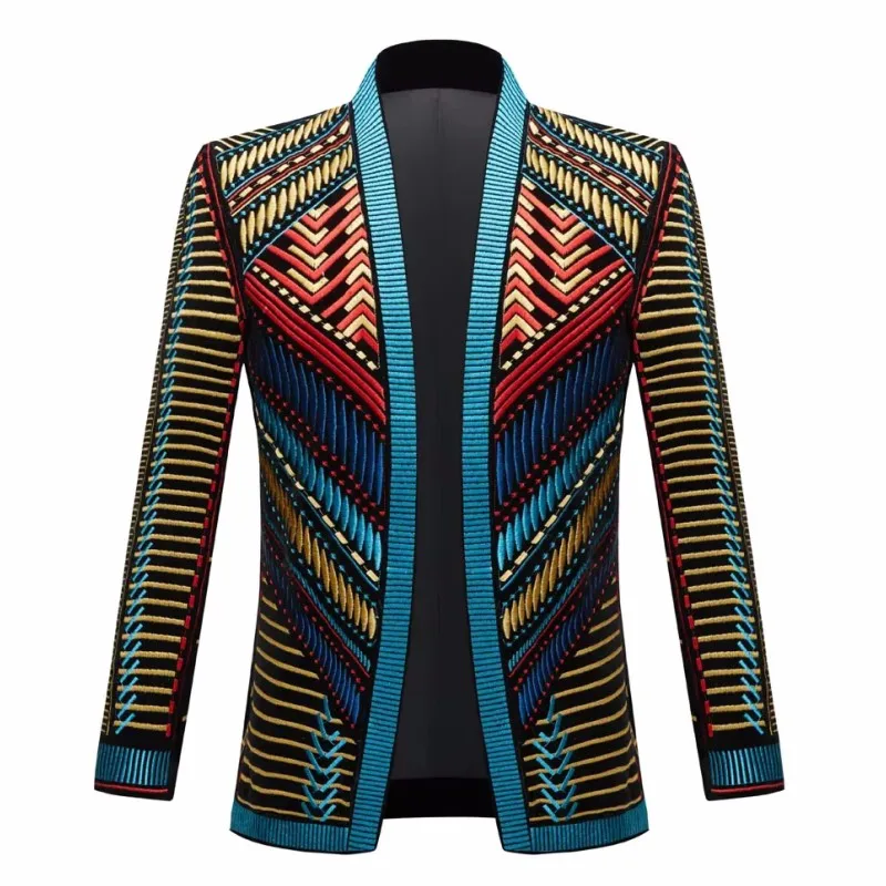 

European Vintage Embroidery Suit Jacket Court Blazer Men Velvet Striped Slim Coat Singer Bar Stage Performance Tuxedo Costume