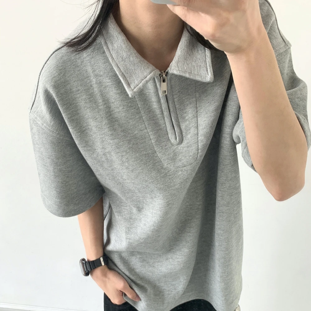 Vintage Polo Shirt Men Women Summer Solid Color Half Zip Collar Harajuku Tee Unisex Casual Trendy Pullover Top Short Sleeve Y2K