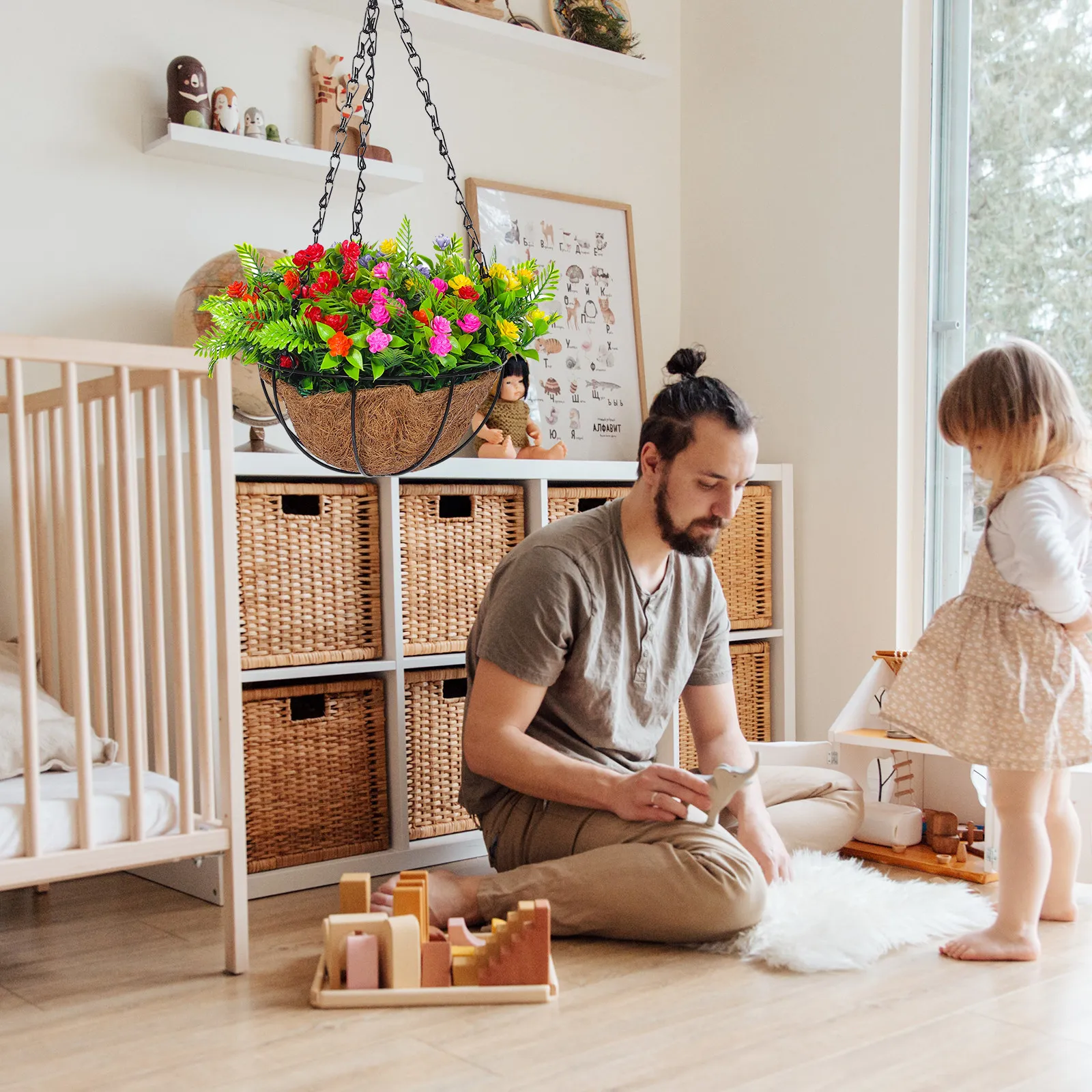 

Artificial Hanging Basket Coconut Palm Design Fake Hanging Plant Outdoor Decor Balcony Garden Patio Display