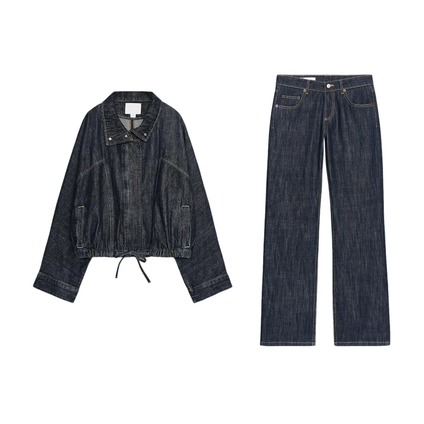 Fall New Batwing Sleeve Denim Jacket Outerwear Low Waist Wide Leg Jeans 2 Piece Set Casual Style Long Sleeve Adult Women's Fa... view 5