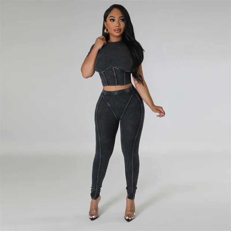 Knitted Ribbed Tracksuit Women Two Piece Set Summer Corset Crop Tops and Pants Sport Suit Casual Fitness Workout Sweatsuits