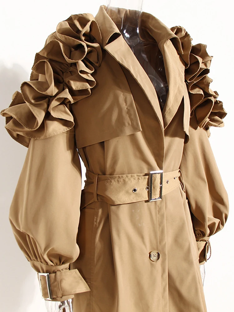 TWOTWINSTYLE Trench con volant per donna risvolto manica lunga telai increspato solido cappotti coreani vestiti femminili autunno nuovo 2022