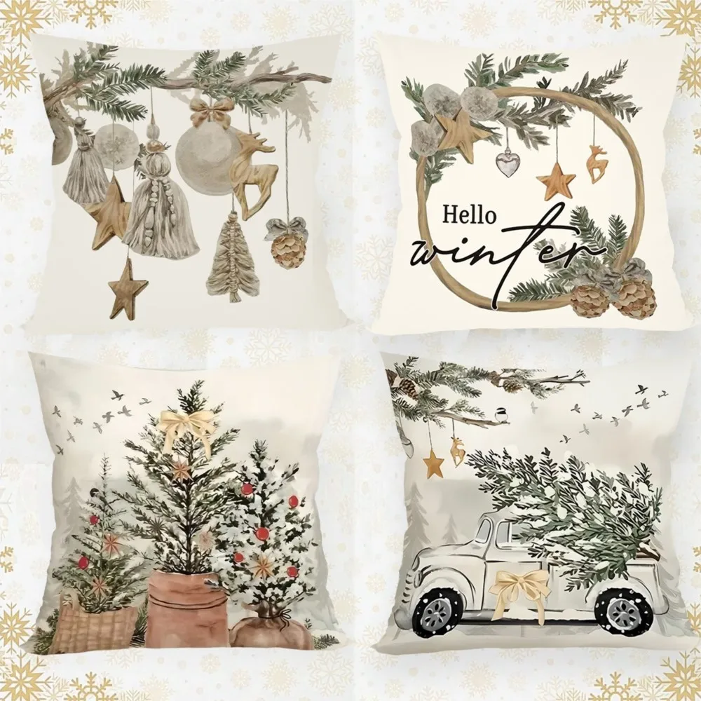 4Pcs Retro Christmas Throw Pillow, Christmas Tree Pattern - Double-Sided Printed Design,Soft Plush Cushion with Insert