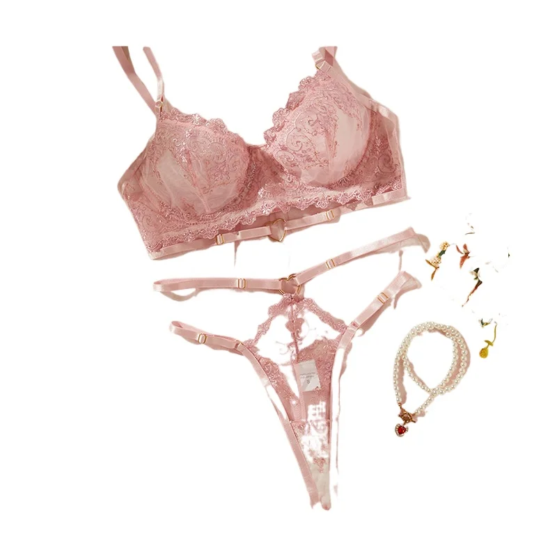 Pink Erotic Sensitive Comfortable Ultra-Thin Lace Mesh Semi-Sheer Concentrating Uplifting Girls' Bra Set