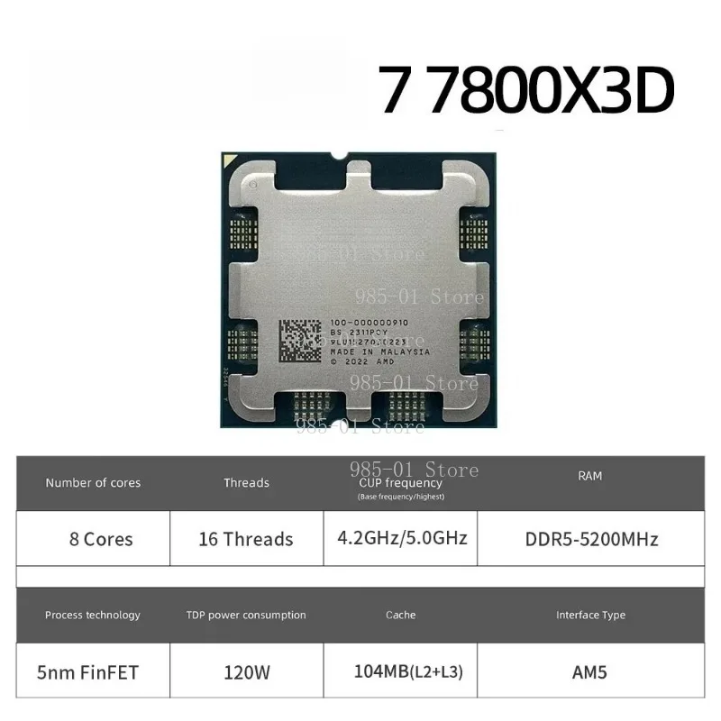 AMD Ryzen 7 7800X3D Processor 5GHz 8-Core 16-Thread AM5 Desktop Gaming CPU (No Box)