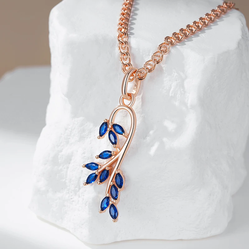 Wbmqda Luxury Blue Leaf Shape Pendant And Necklace For Women With 585 Rose Gold Color Chain