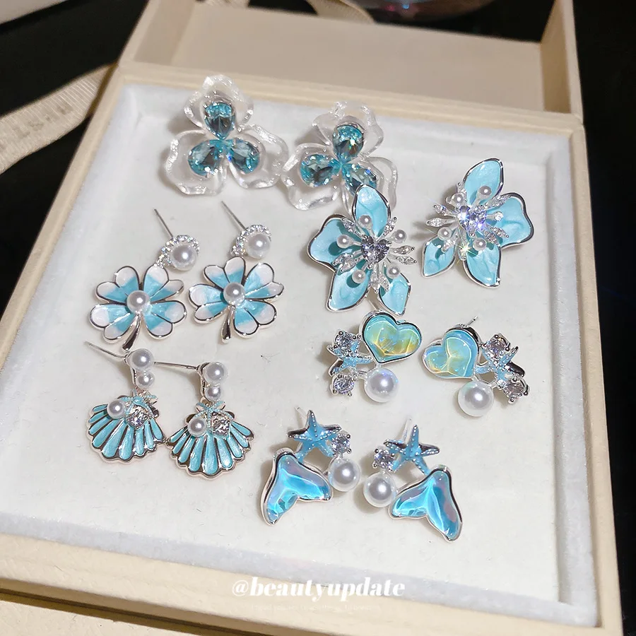 Ocean Dream Mermaid Tail Shell Stud Earrings Set Pale Blue Clover Flower Heart Pendant Ear Jewelry Beach Vacation Party