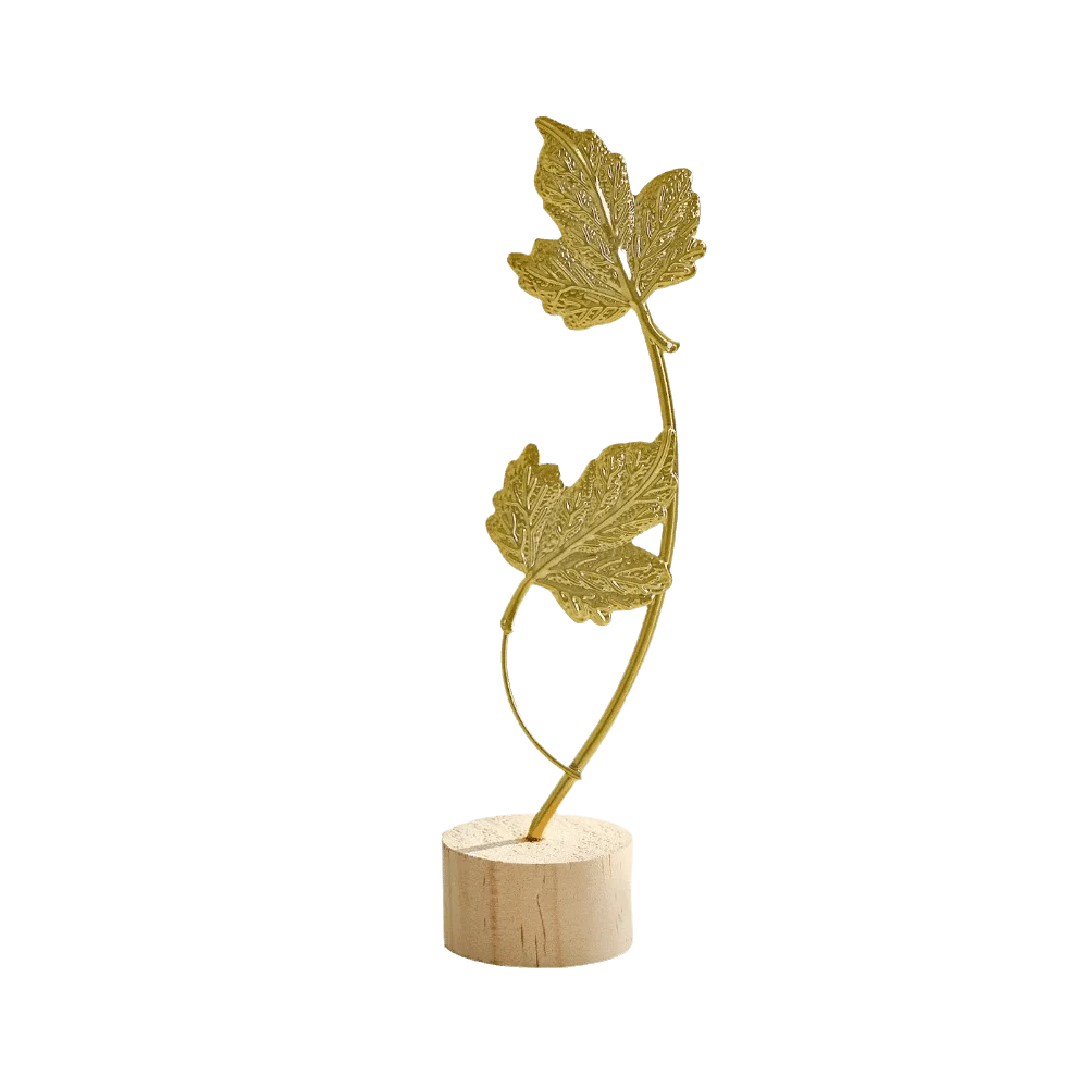 Wood Base Ginkgo Leaf Ornament Gold Green Iron Art Desktop Handicrafts Photo Props Hollow Out Leaves Tabletop Decoration