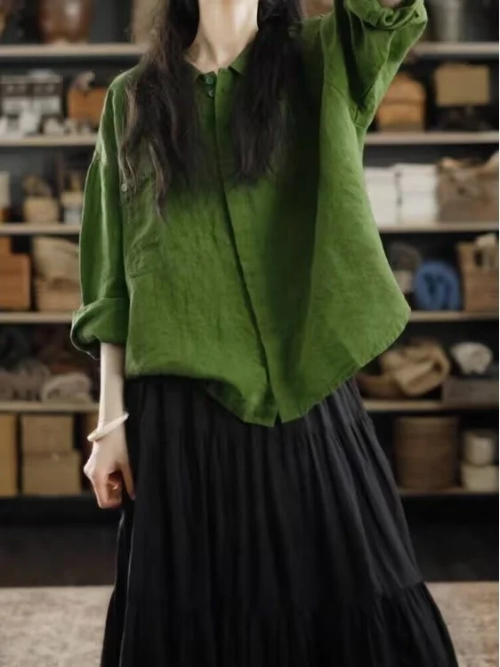 

een Cotton Linen irt Long Sve Turn-down Collar Women's Design Sensation Spring Autumn New Sle Loose Fit Top