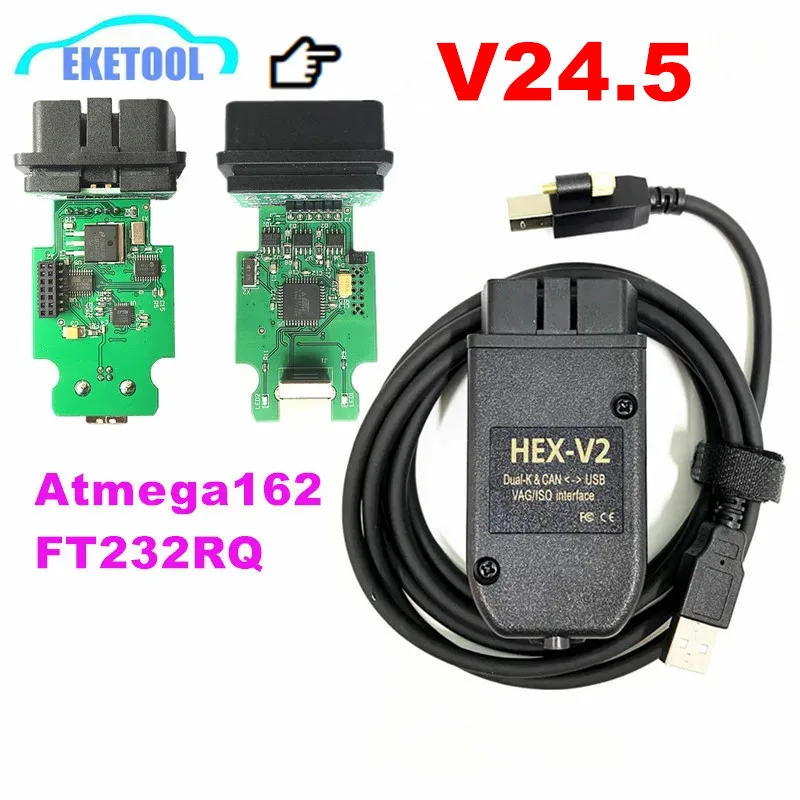 New V24.5 HEX V2 For VAG Series Multi-Language Green PCB Board Atmega162+FT232RQ+16V8BQL Code Reader Scanner VAG KKL