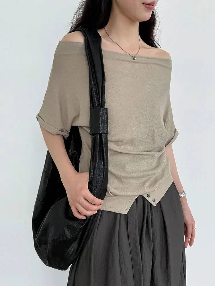 Women Coffee Color Hem Button Slit Elegant T-shirt New Skew Collar Short Sleeve Fashion Tide Spring Summer