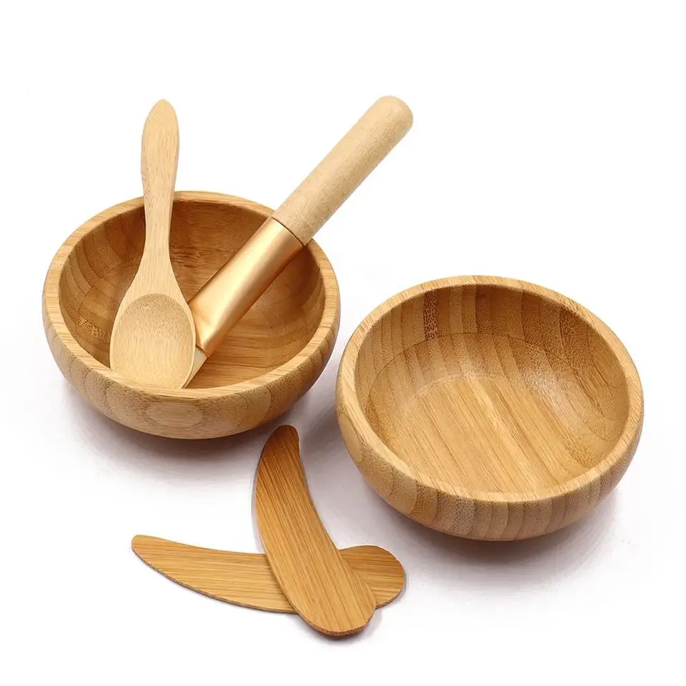 1Pcs Natural Bamboo Make Up Bowls Set with Spoon and Spatual and Brush Wooden Bamboo Lipgloss Mask Clay Face Care Tool for Women