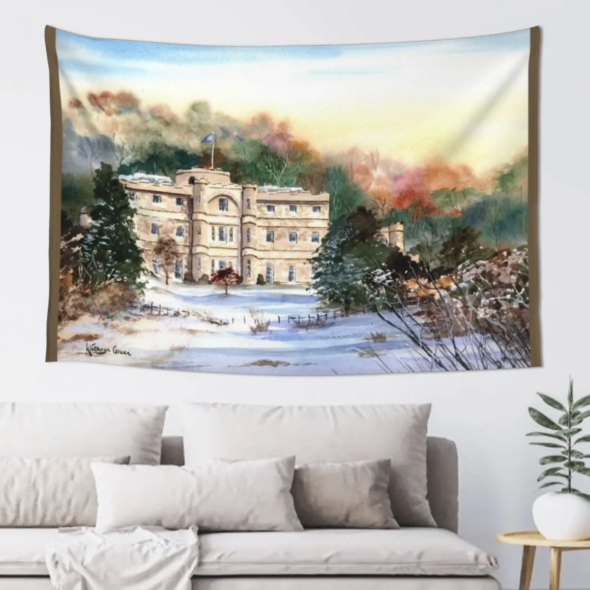 

Willersley Castle, Derbyshire - Snowy landscape painting Tapestry Decorative Wall Murals Wall Carpet House Decoration Tapestry