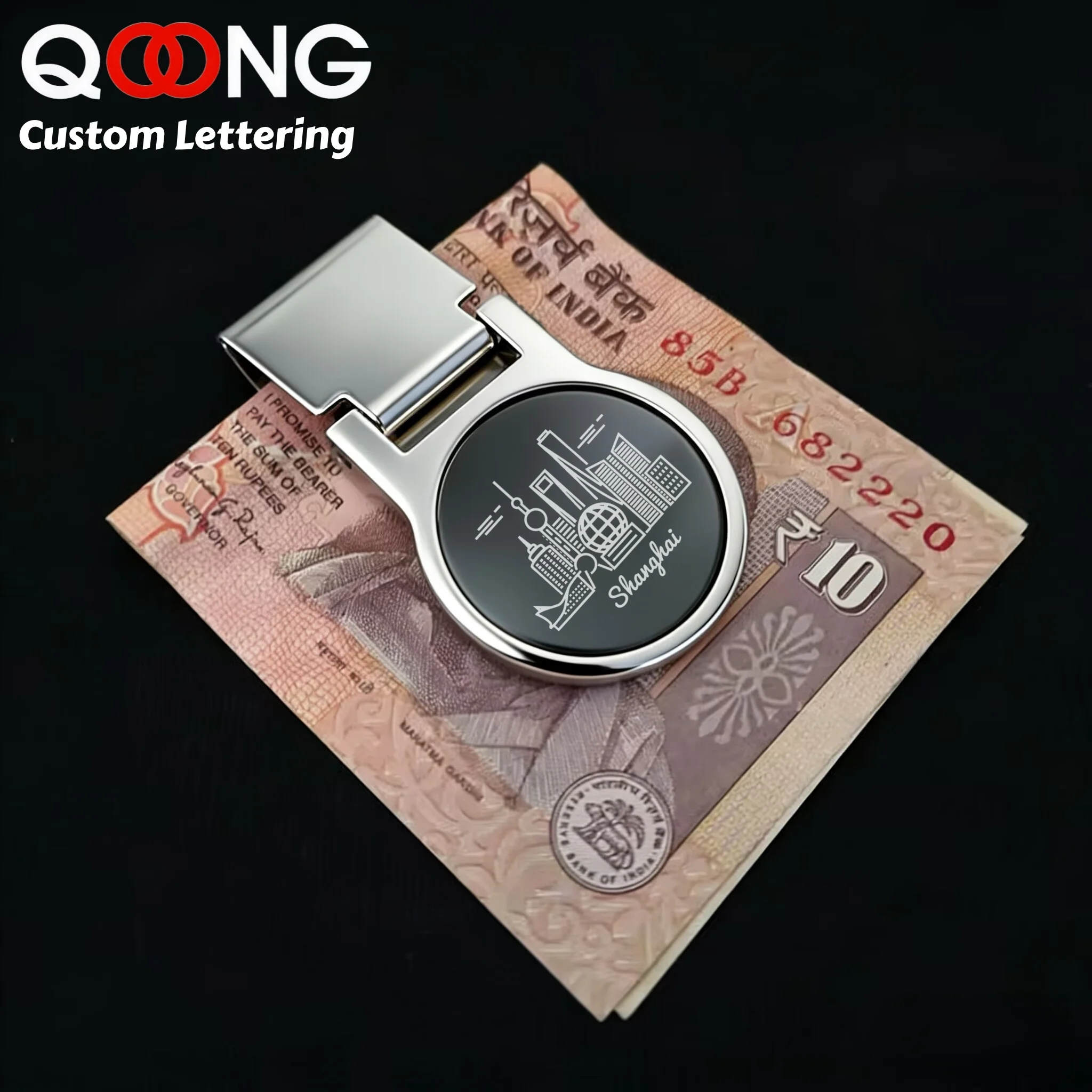 QOONG Custom Lettering Stainless Steel Metal Money Clip Simple Dollar Cash Clamp Holder Quality Money Clip Wallet For Men Women