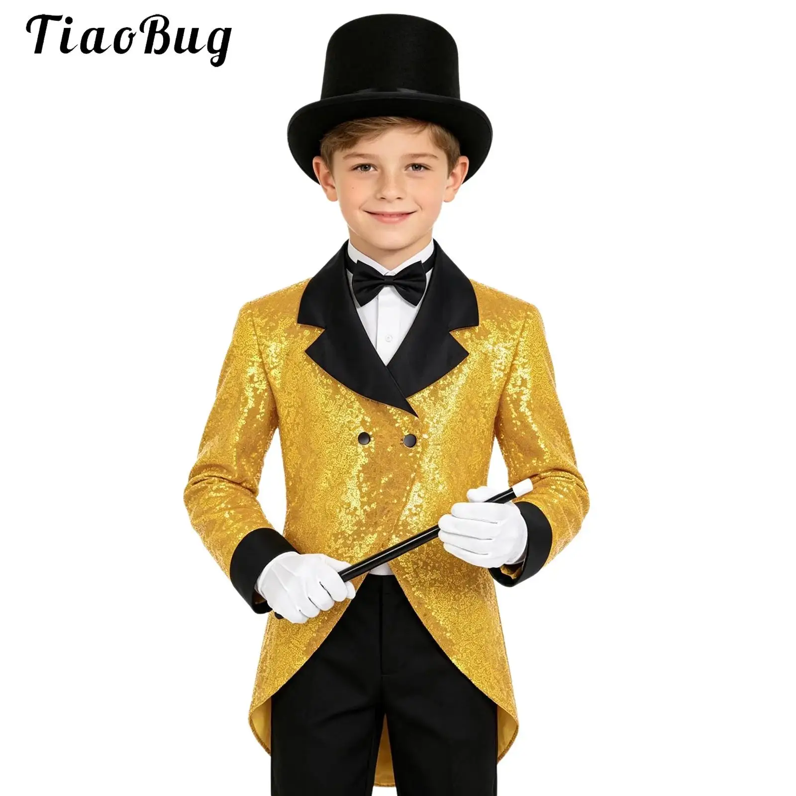 Kids Boys Magician Costume Set Long Sleeve Sequin Tailcoat Jacket Tuxedo with Bowtie Hat Gloves Wands Carnival Magic Performance