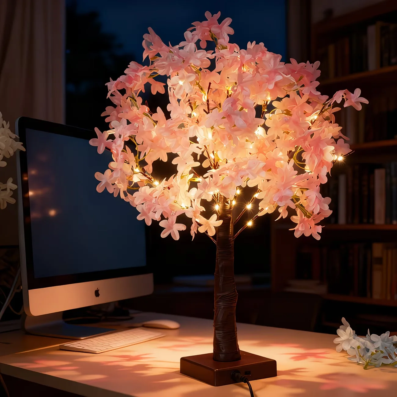 USB 42leds Pink Cherry Blossom Tree Night Light LED Artificial Flower Table Lamp for Bedroom Wedding Party Home Desktop Decor