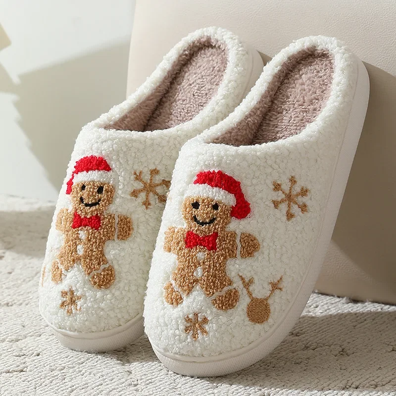

Christmas Women Slippers Cute Gingerbread Winter Warm Slides Couple Houseshoes Men Bedroom Flat Soft Sole Home Shoes for Gift