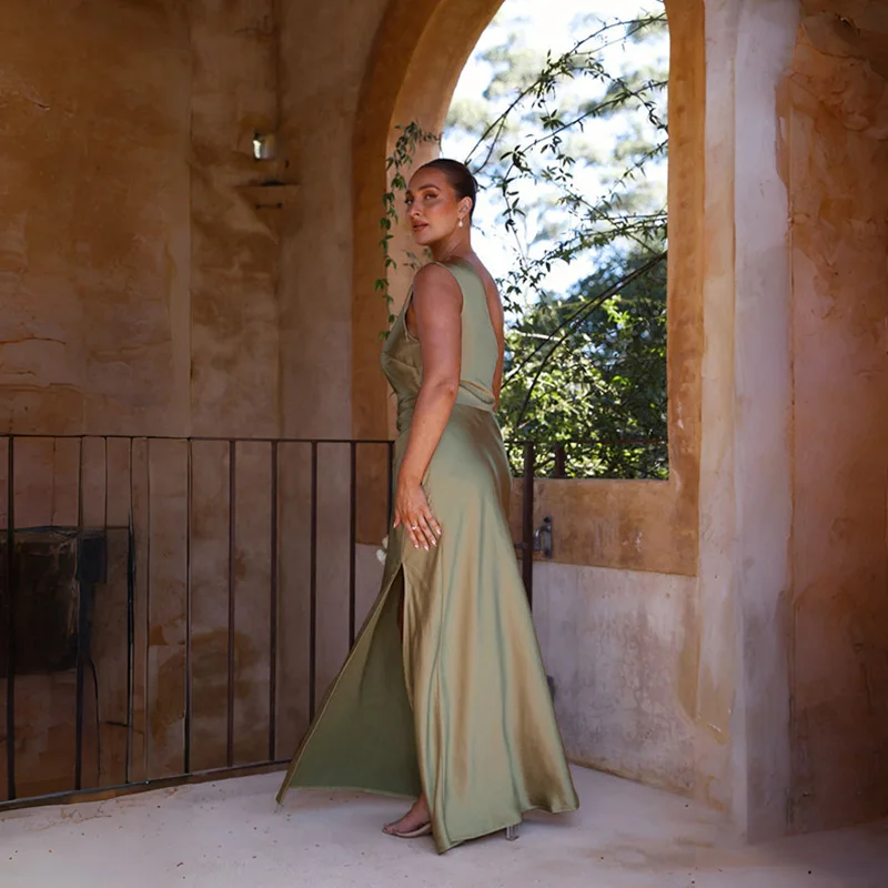 2026 Damen Sommer Sexy Party Einfarbiges Ärmelloses Rückenfreies Langes Kleid mit Hohem Schlitz Satin Maxi-Abendkleid für Hochzeitsgäste Cocktail-Events – Detail 38