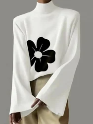 UOOZEE 2025 New Female Flower Printed High Neck T-Shirts Spring Autumn Long Flared Sleeves Zipper Fashion Casual  Daily Tops