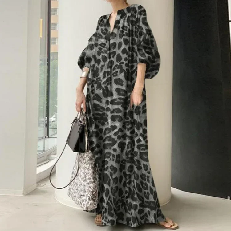 MODX Japanese and Korean New Leopard Print Standing Neck Bubble Sleeve Fashion Loose Casual Bohemian Shirt Dress