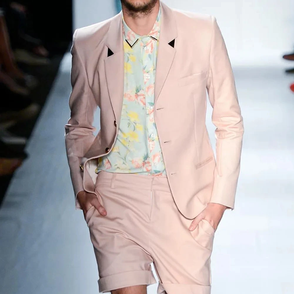 

Summer Casual Men Suits Light Pink 2 Pieces Notch Lapel Casual Jacket Shorts Business Wedding Prom Tuxedo Custom Male Clothing