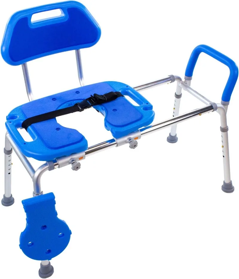 Sliding Shower Chair HydroGlyde, Padded Bathtub Transfer Bench with Cut Out Seat, for Bath Tub, Adjustable Legs, and Safety Belt