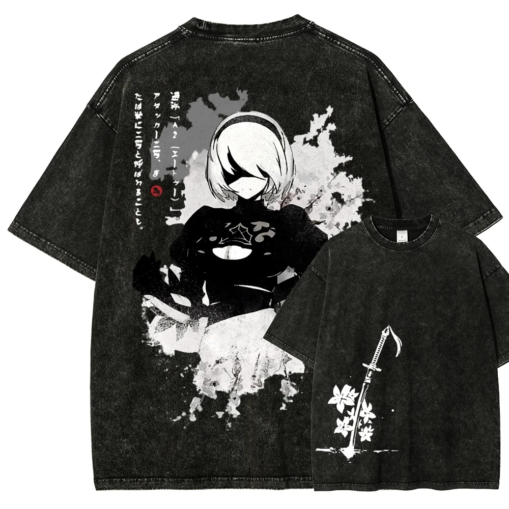 Nier Automata Washed New Model T-shirt Oversized Unisex Couples Streetwear Trendy personality Clothes Vintage Loose Classic soft