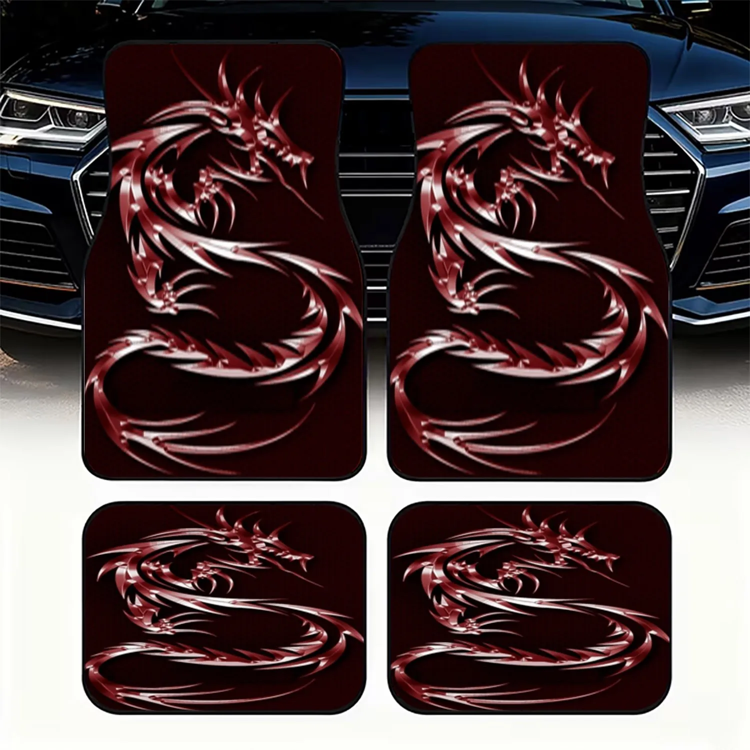 4pcs Stylized Dragon Pattern Car Floor Mats | Red/Rose-Golden Polyester, Aggressive & Dynamic Design, Premium, Fits Most Cars, E