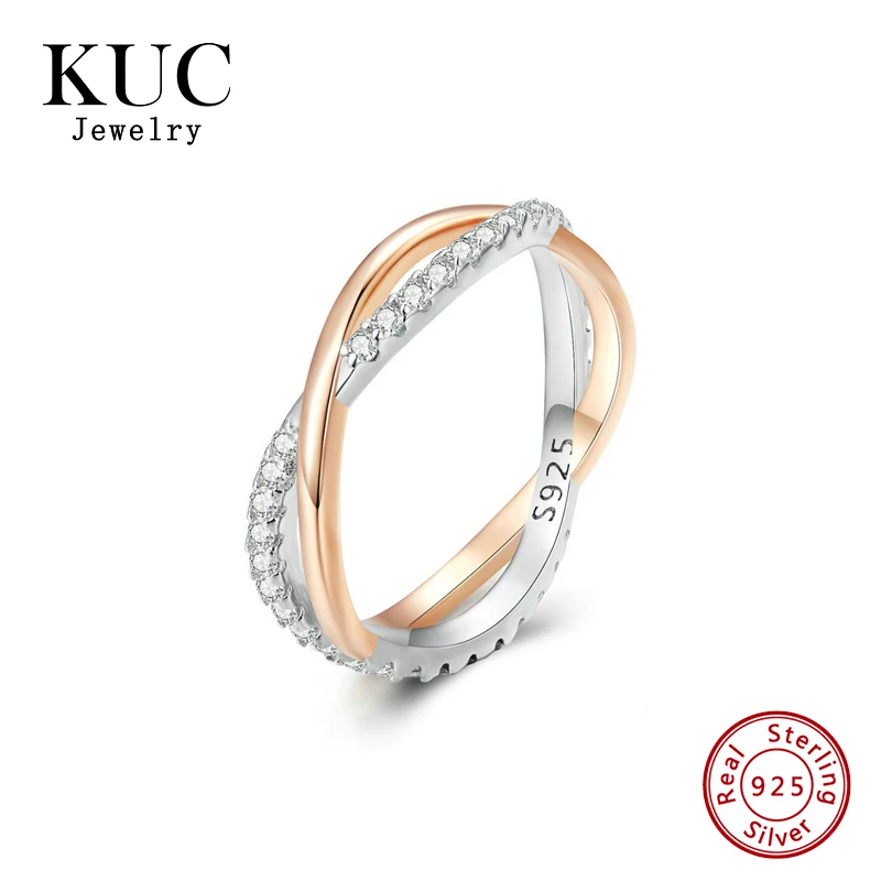 

Fine Jewelry Trendy Two Tone Connection Rose Gold Plated 925 Sterling Silver Zircon Minimalist Korean Rings for Girls