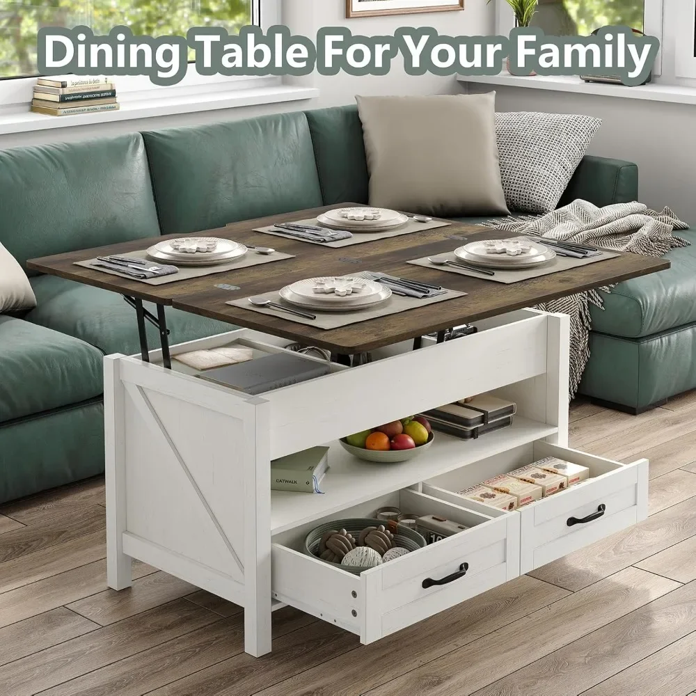 Coffee Table with 2 Storage Drawers and Open Storage Shelf, Retro Multi-Function Lift Top Coffee Table Converts to Dining Table