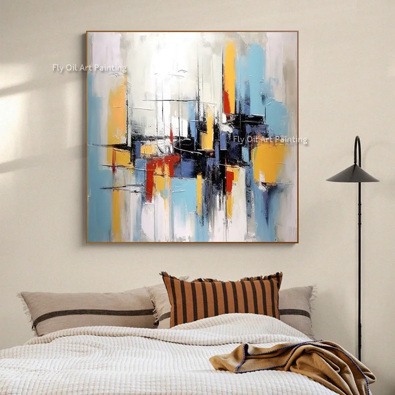 Bright Color Vertical Line Abstract Canvas Hand Painted Rough Texture Oil Painting Square Entrance Contemporary Home Ornament
