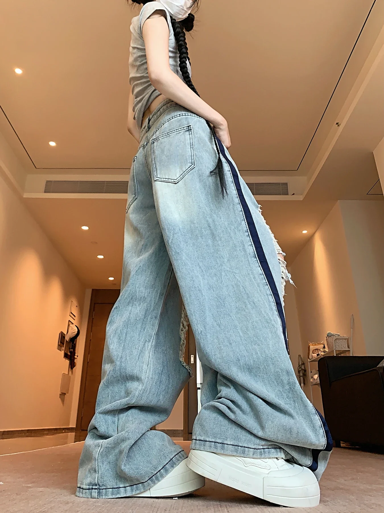 المرأة غسلها خمر الأزرق ممزق الجينز الإناث عالية الخصر 2000s الأمريكية الرجعية الشارع الشهير بنطال ذو قصة أرجل واسعة Y2k بنطلون مستقيم
