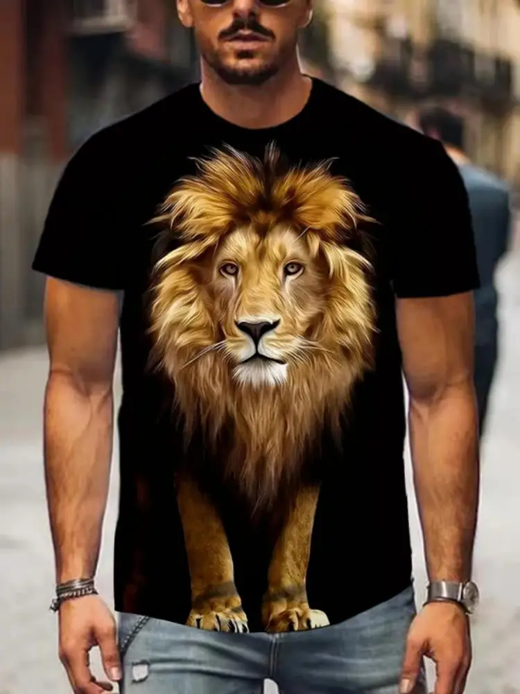 Men\'s Summer Fashion Casual 3D Printing Lion Pattern Trend Street Polyester Round Neck Short Sleeve T-shirt