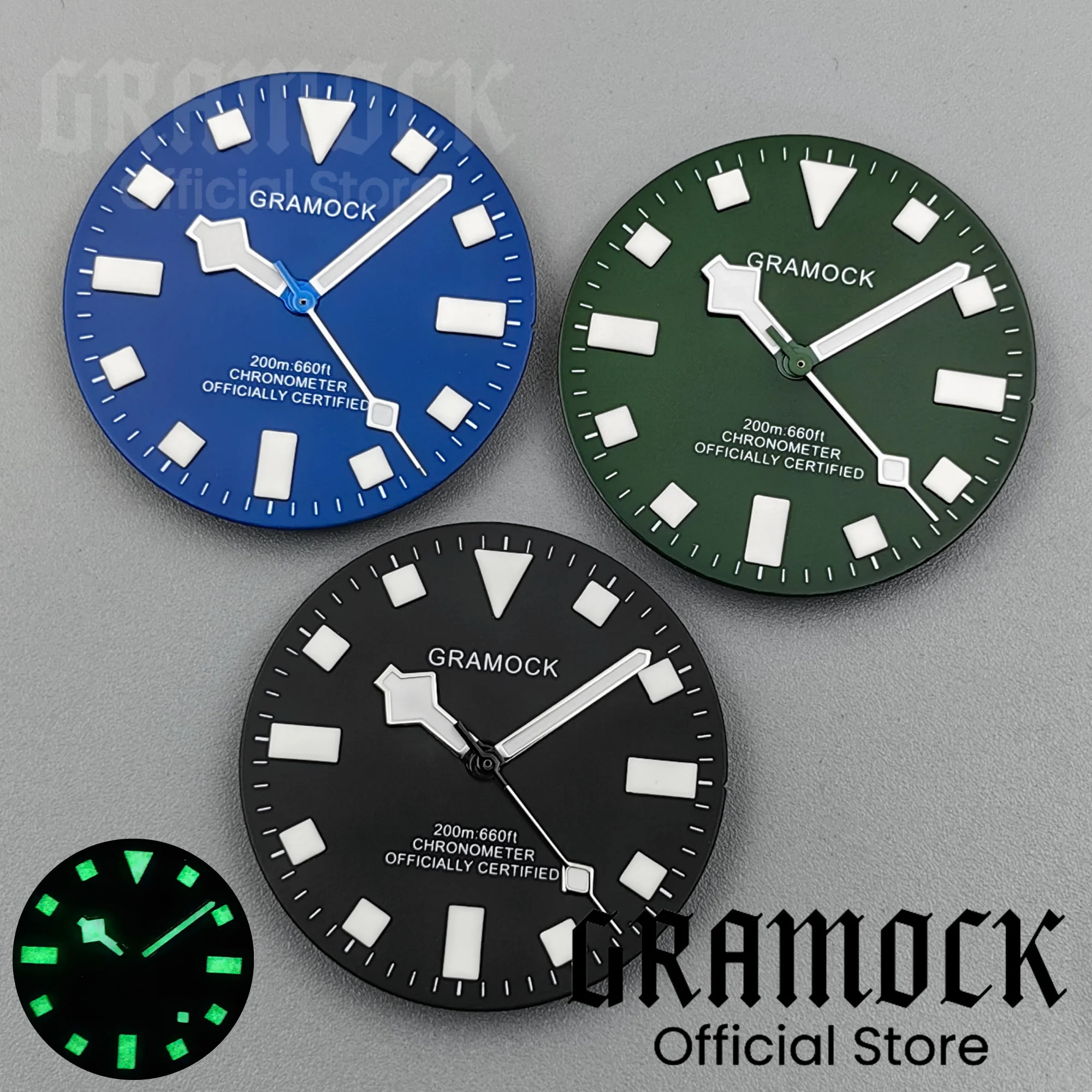 Gramock 29mm Vintage Matte Black Green Blue Dial Hand Baton Square Edge Luminous Fit NH35 NH36 ETA2824 PT5000 Men's Watch Parts