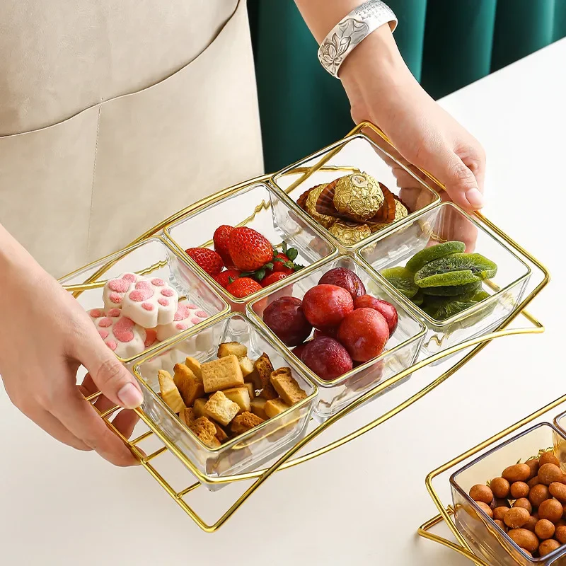 

Glass Food Storage Plate Dessert Cake Biscuit Tray Nuts Candy Serving Platter Organizer Container with Metal Rack Container