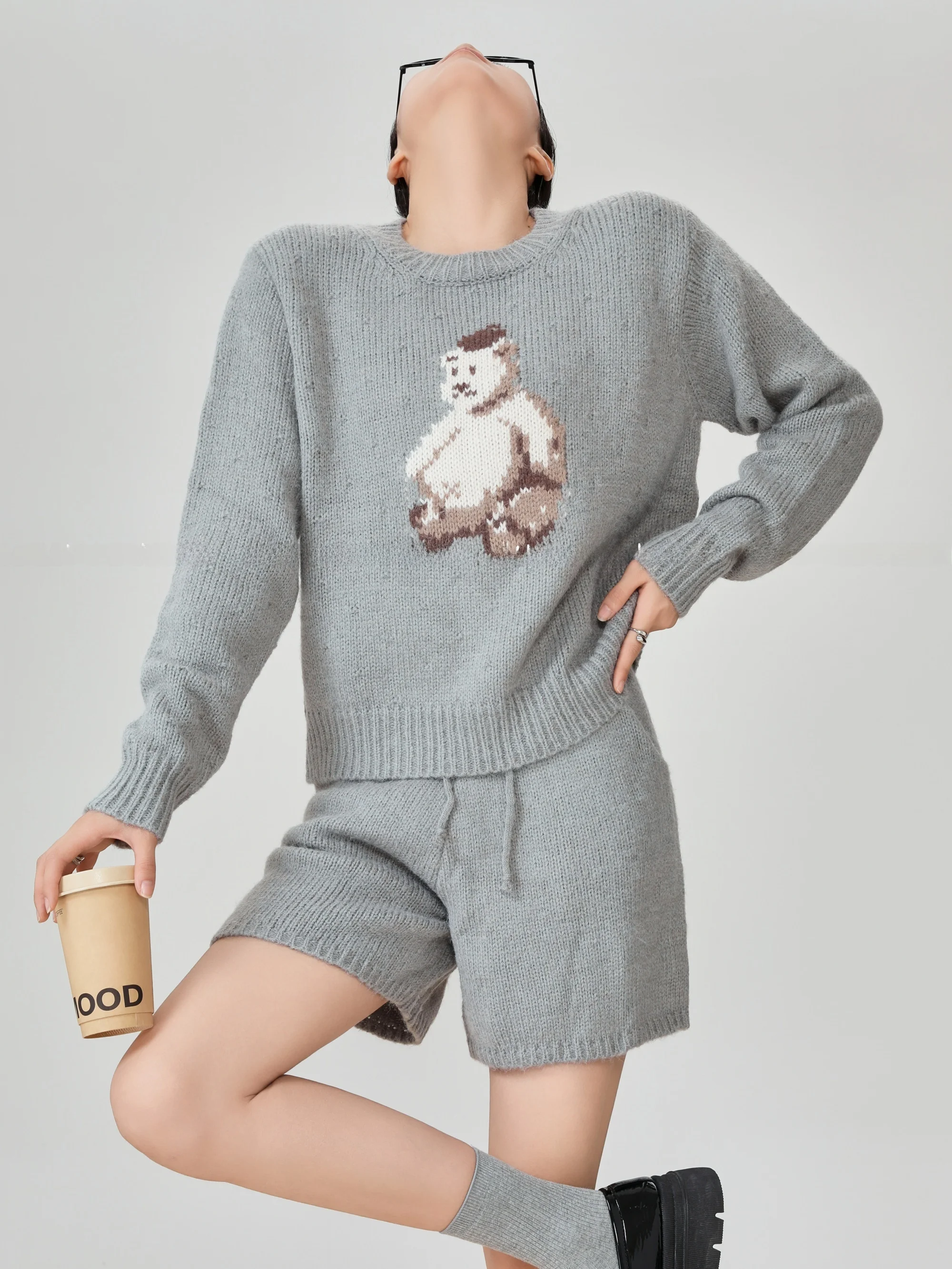 

Grey Long Sleeve Sweater Set Women's Sweet Youthful Versatile Two-Piece Set Autumn Casual High Waist Loose Fit A-Line Skirt
