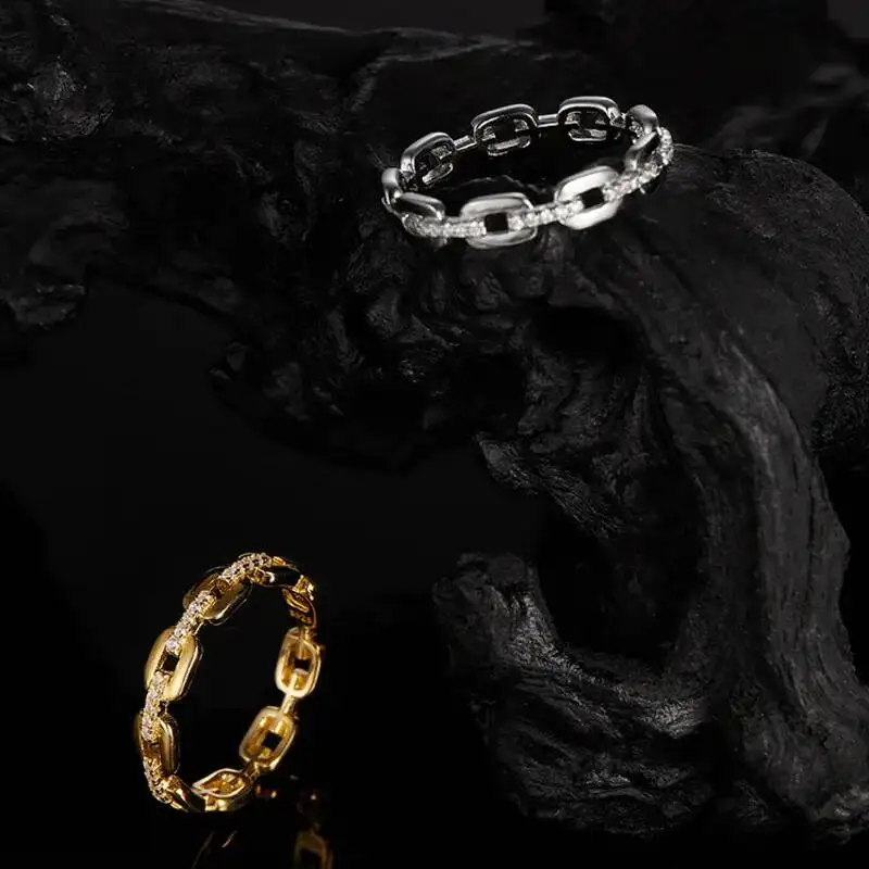 Live stream micro-inlaid narrow chain ring s925 silver moissanite women's closed chain ring, fashionable and simple