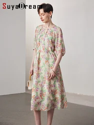 SuyaDream, Women Floral Dresses, 100%Real Silk, Raglan Sleeves, Printed Dress, 2024 Spring Summer Elegant Clothes