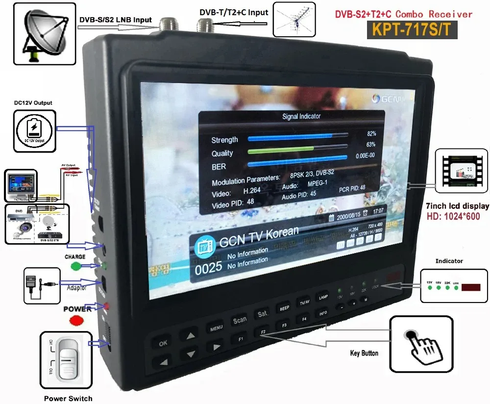 KPT-717ST Satellite Finder DVB-S2 DVB-T/T2 DVB-C Combo Digital Satellite Meter Finder H.265 Satellite TV Receiver