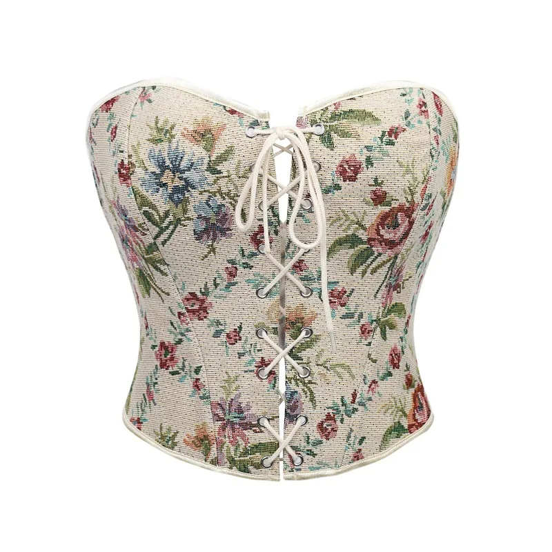 French Style Retro Floral Jacquard Shaping Corset, Front & Back Lace Up With Waistband For Figure Contouring
