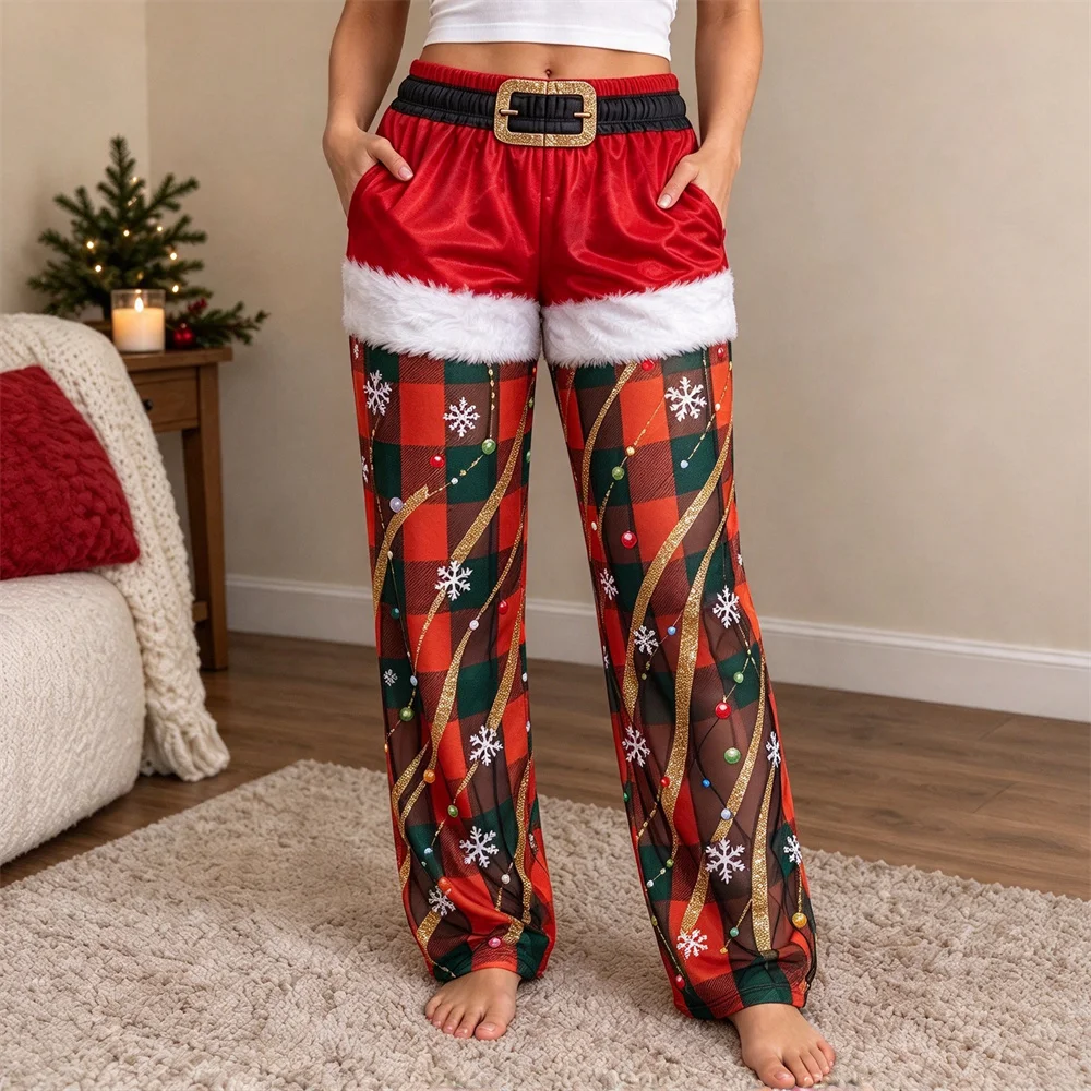 Women Christmas Santa Lounge Pants Allover Xmas Print Elastic Waist Long Trousers Casual Home Holiday Sleep Pajama Bottoms Pants