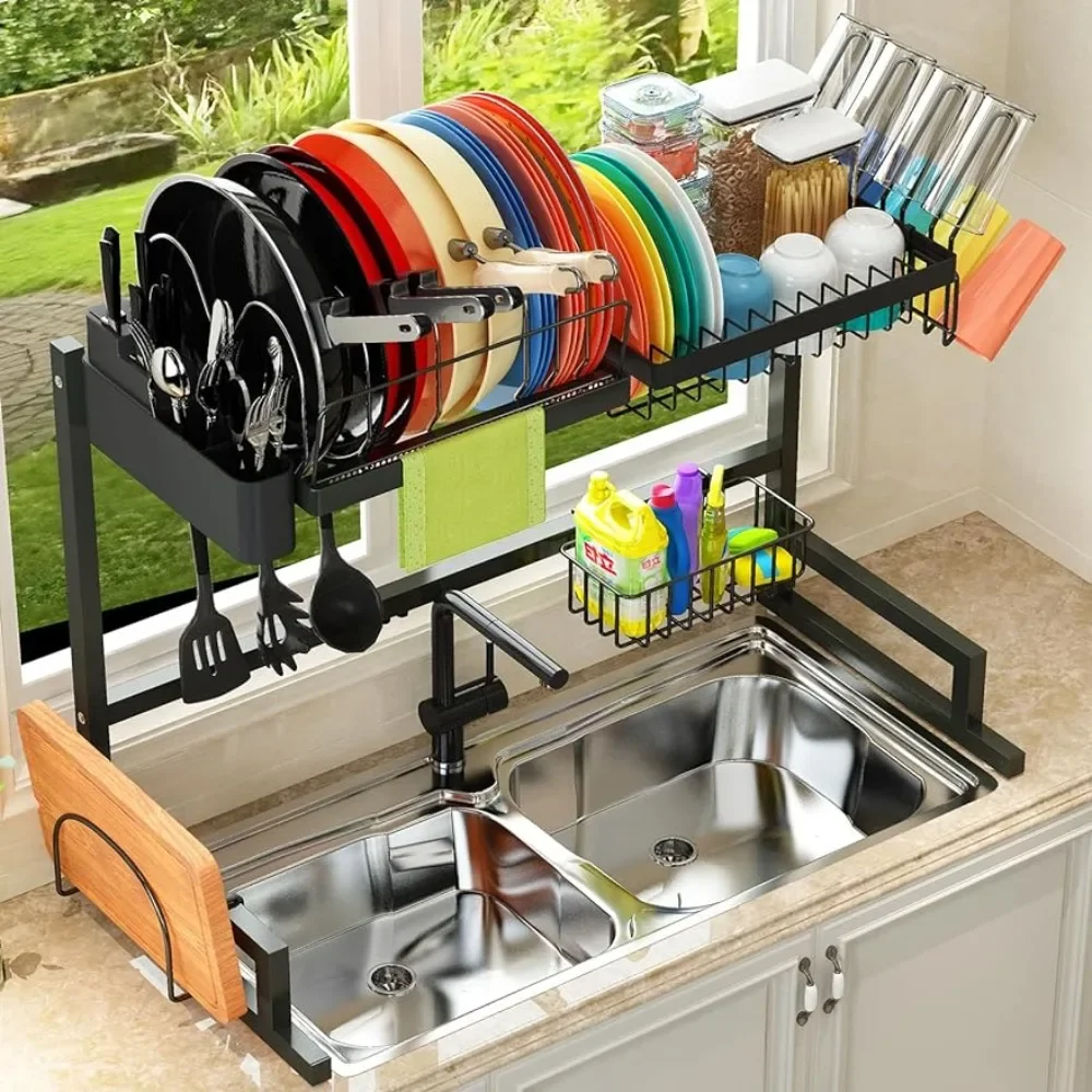 

Over The Sink Dish Drying Rack (Adjustable Height/Length) Snap-On Design 2 Tier Large Dish Drainer Kitchen Organization