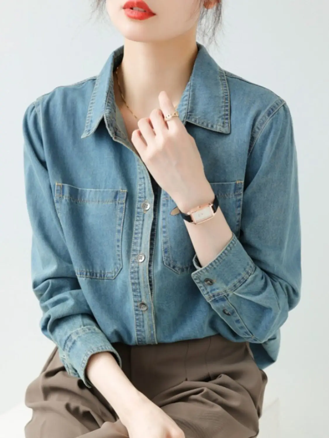 Washed Retro Blue Denim Shirt Women\'s New Style Front Shoulder Folded Cotton Shirt Cardigan Thin Jacket