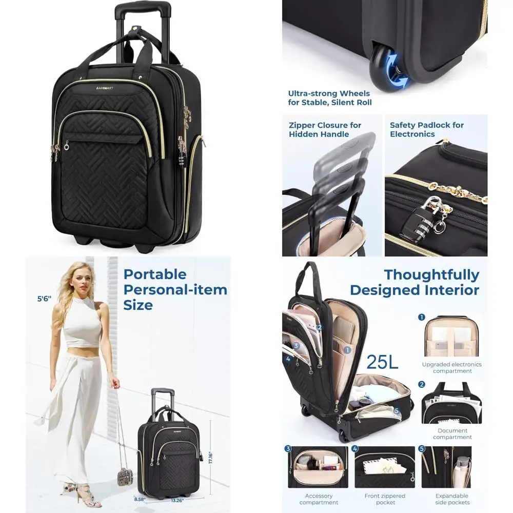 

16-inch Lightweight Softside Underseat Carry-On Luggage Approved for Airlines, Compact Travel Suitcase with Wheels