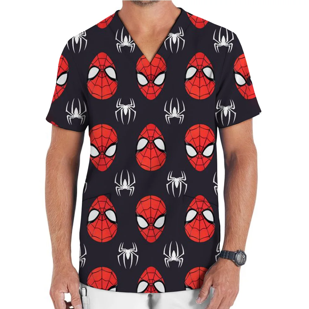 Marvel Spider Man print Medical Uniforms Nurse Accessories for Work Doctor's Surgical Scrub Cartoon Pattern Short Sleeved Shirt