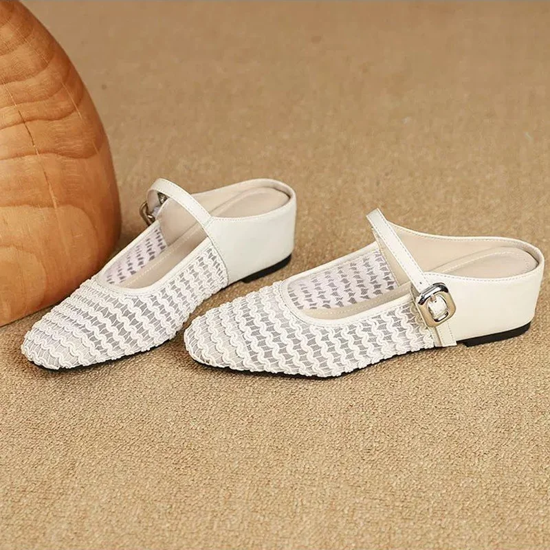 2026 New White Woven Mesh Mary Jane Mules Square Toe Hidden Heel Wedge Sole Balletcore Comfortable Commute Daily view 2