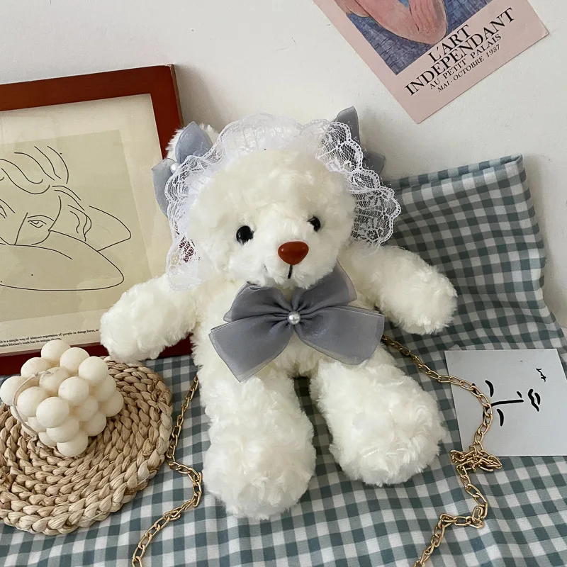 Sacs à bandoulière moelleux pour enfants et femmes, sac à bandoulière ours mignon, Adorable ours en peluche pour filles, nœud perle Lolita Kawaii, sac à main en dentelle douce
