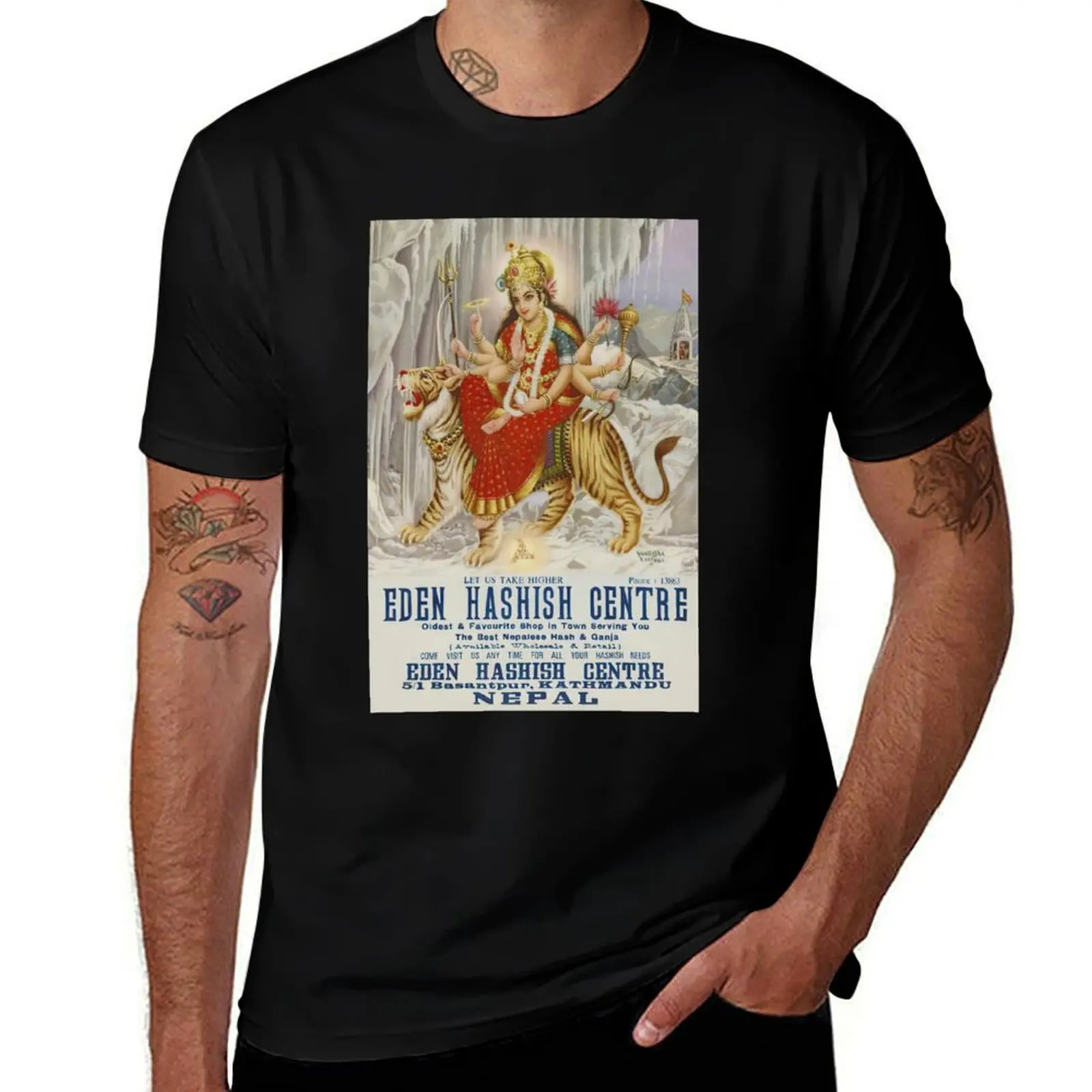 Rare Vintage Illustrated Psychedelic Poster From Nepal - EDEN HASHISH CENTRE (Goddess Vaishnavi) T-Shirt